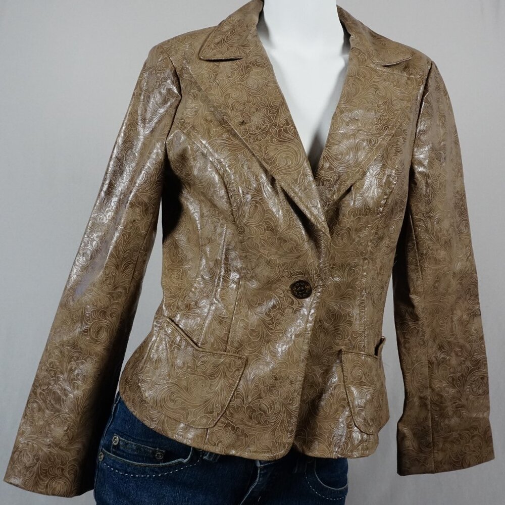 Nanette Lepore Western Gold Tan Stamped Floral Pleather Jacket Size 10